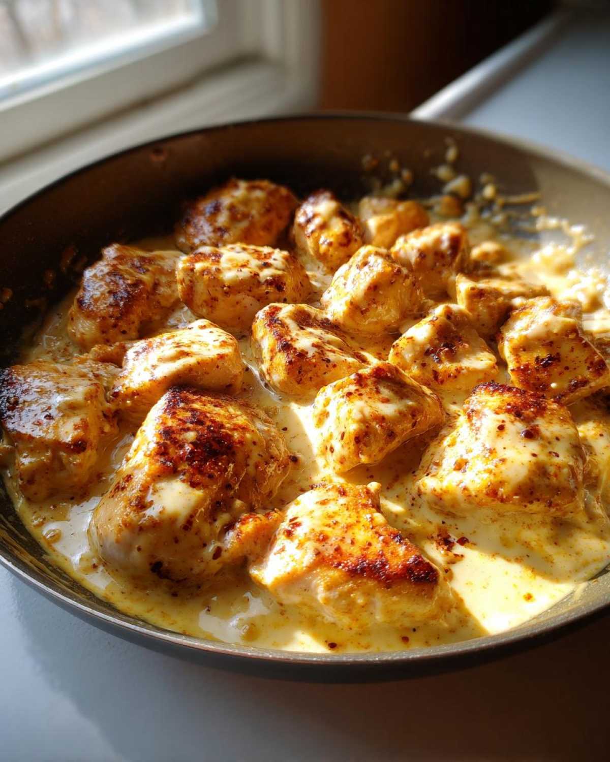 Close-up of seared chicken pieces coated in a creamy, yellow Honey Mustard Chicken Skillet with Cream Sauce.