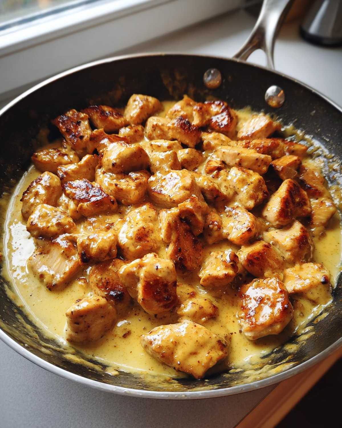 Close-up of seared chicken pieces coated in a rich, yellow Honey Mustard Chicken Skillet with Cream Sauce in a dark skillet.