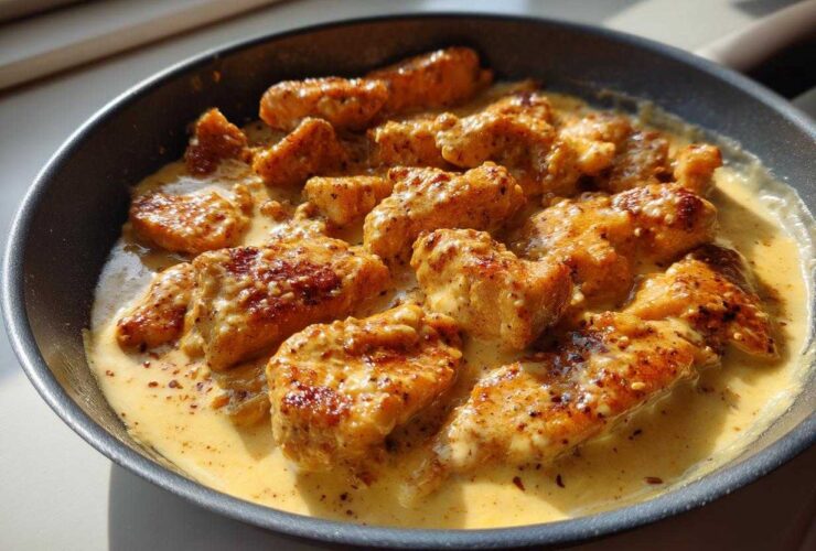 Close-up of seared chicken pieces coated in a rich, creamy Honey Mustard Chicken Skillet with Cream Sauce.