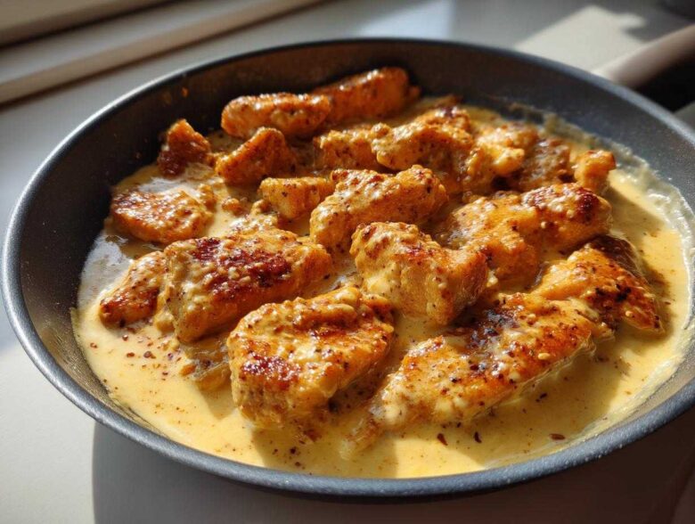 Close-up of seared chicken pieces coated in a rich, creamy Honey Mustard Chicken Skillet with Cream Sauce.