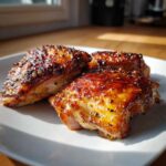 Three pieces of perfectly caramelized Honey Mustard Chicken Thighs Oven Roasted on a white plate.