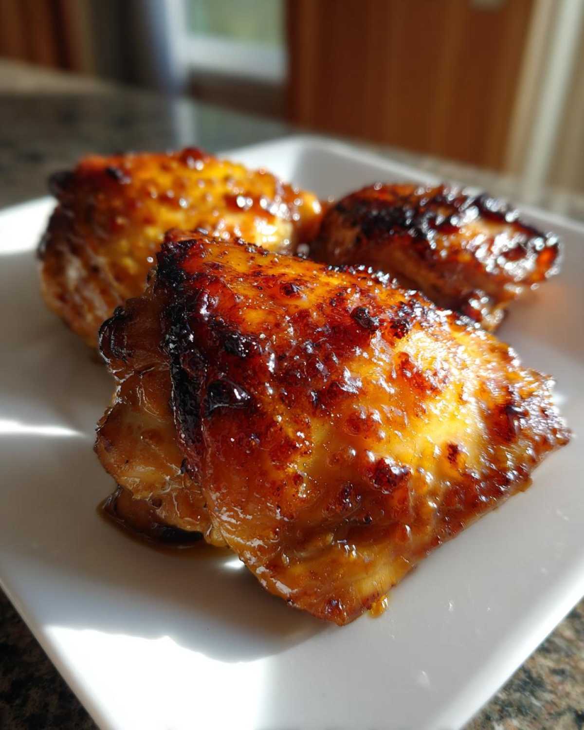 Close-up of three juicy Honey Mustard Chicken Thighs Oven Roasted pieces with a dark, caramelized glaze.