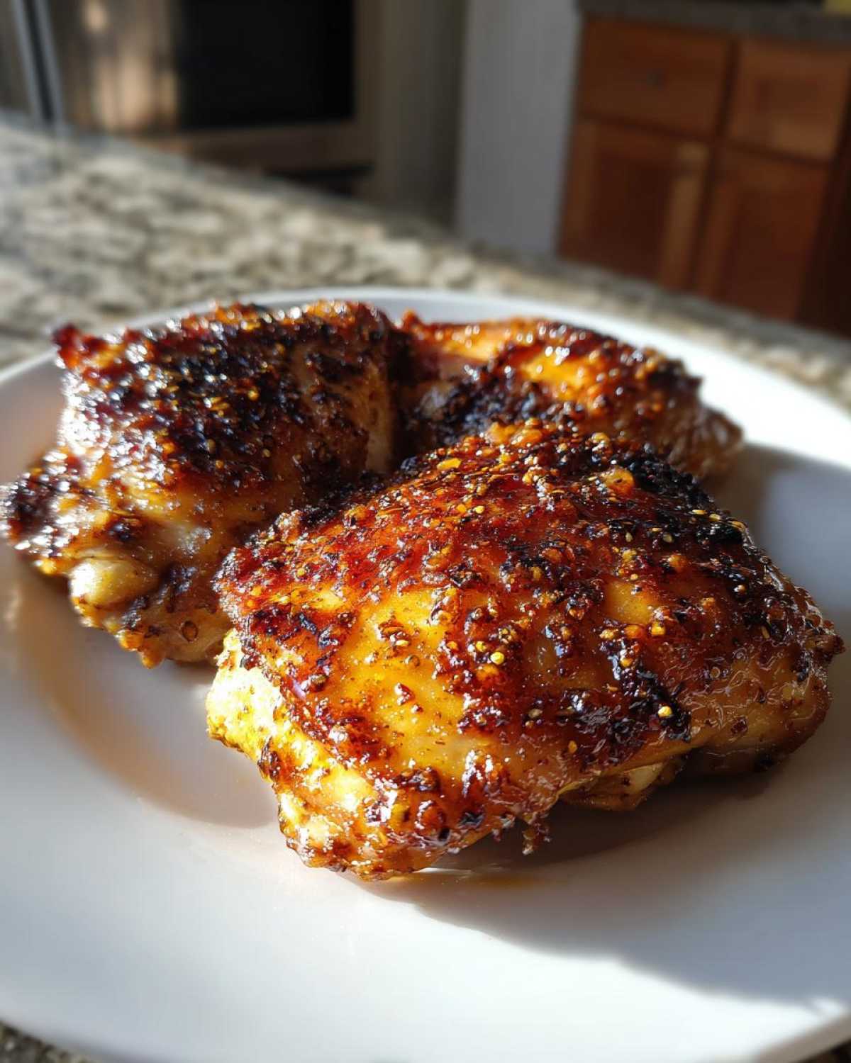 Close-up of three juicy Honey Mustard Chicken Thighs Oven Roasted with a dark, caramelized glaze on a white plate.