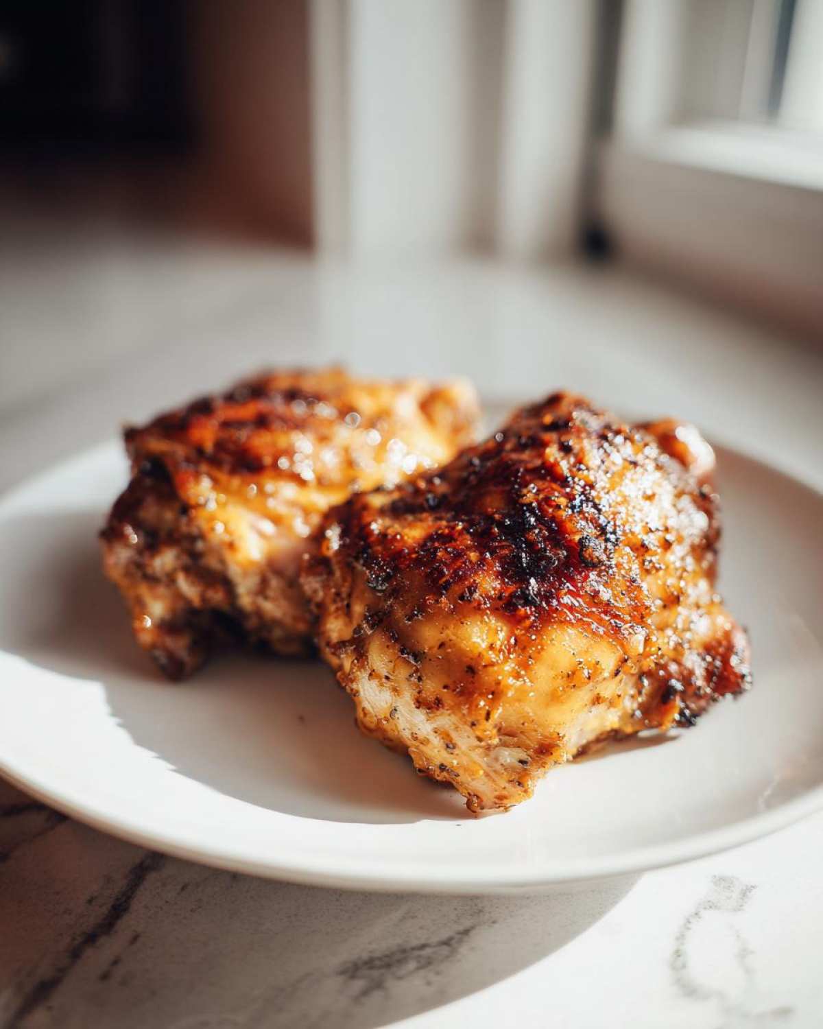 Two perfectly cooked Honey Mustard Chicken Thighs Oven Roasted with a caramelized, dark glaze resting on a white plate.