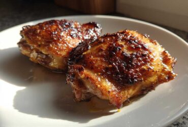 Two perfectly cooked, glazed Honey Mustard Chicken Thighs Oven Roasted resting on a white plate.