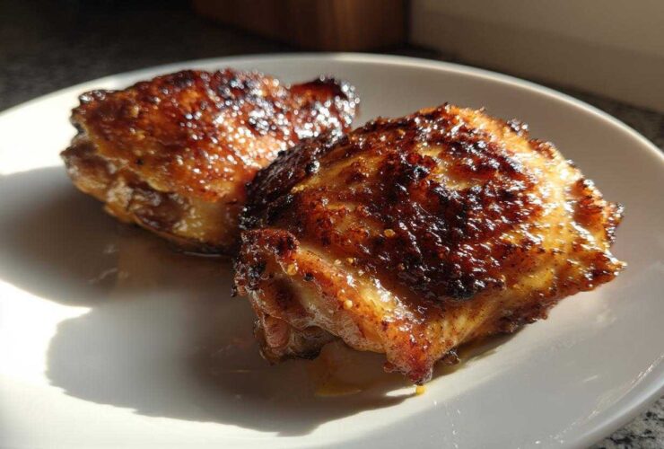 Two perfectly cooked, glazed Honey Mustard Chicken Thighs Oven Roasted resting on a white plate.
