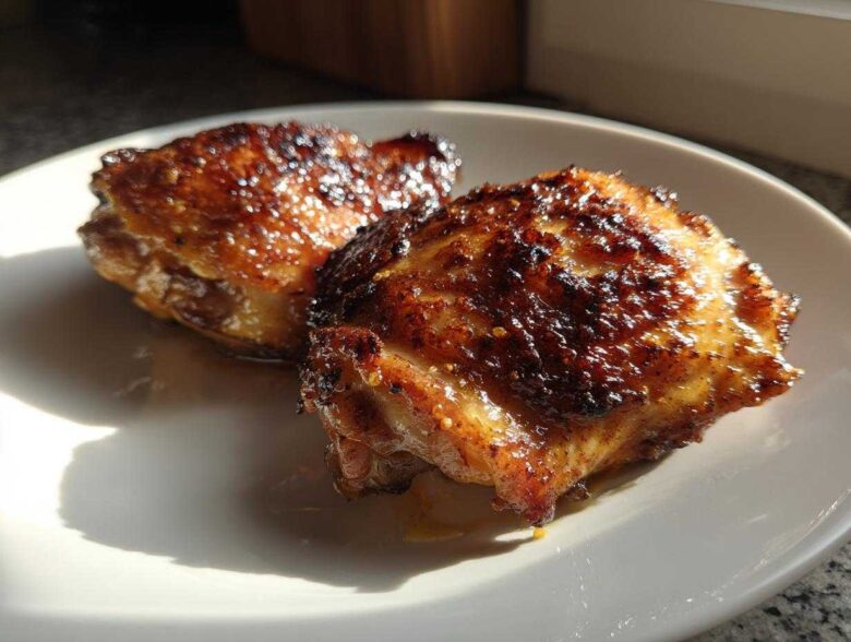Two perfectly cooked, glazed Honey Mustard Chicken Thighs Oven Roasted resting on a white plate.