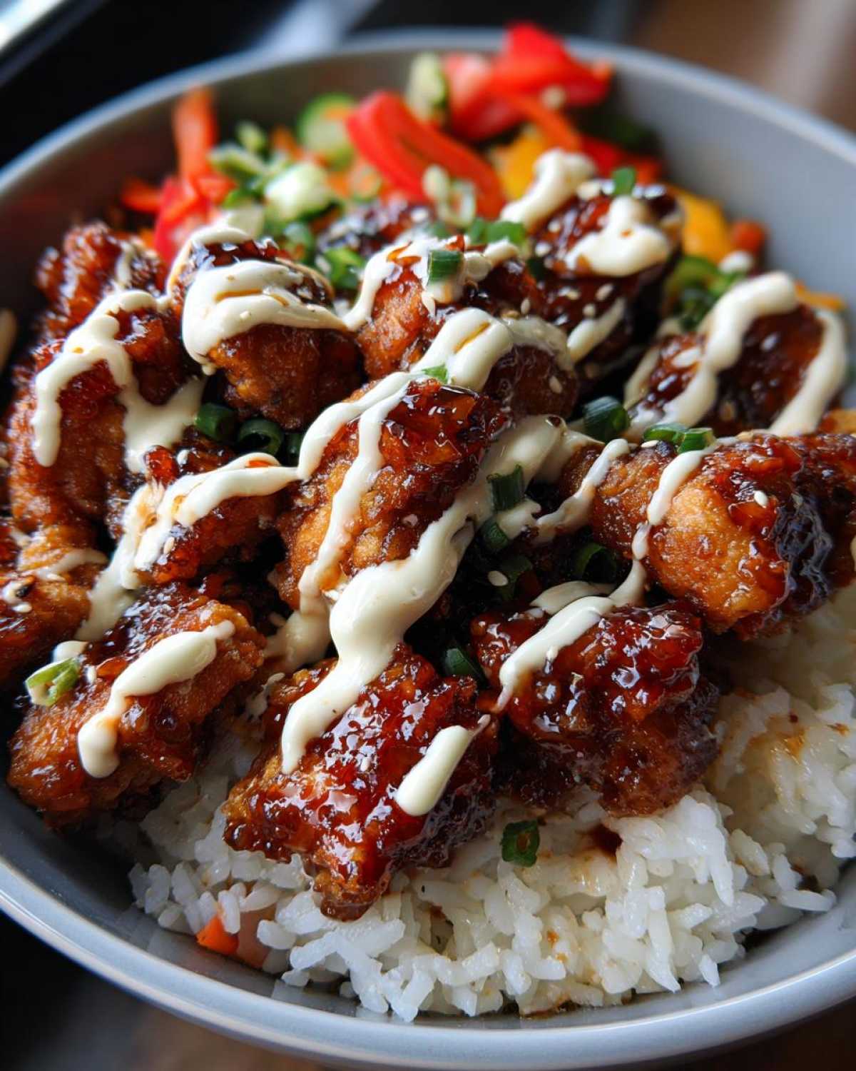 Close-up of a Honey Soy Chicken Bowl with crispy chicken pieces glazed in sauce, drizzled with white garlic sauce, served over rice.