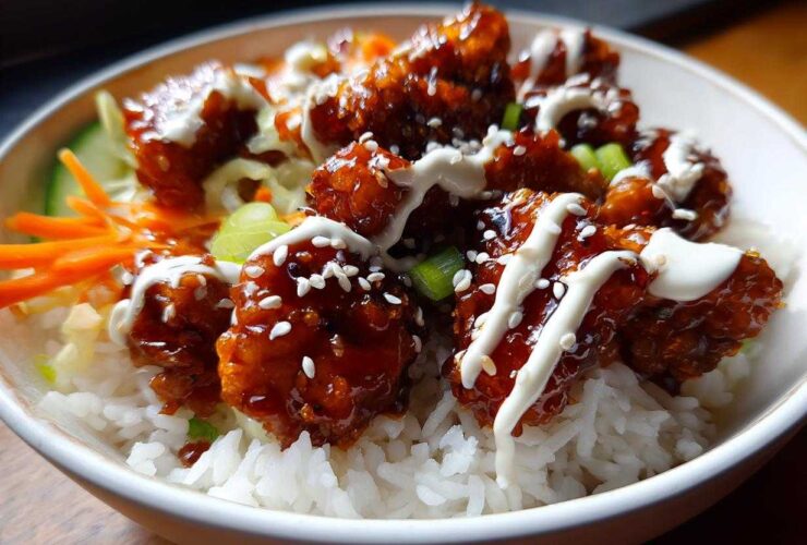 Close-up of a Honey Soy Chicken Bowl featuring glazed chicken pieces over white rice, drizzled with white sauce and sesame seeds.