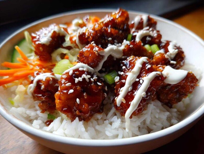 Close-up of a Honey Soy Chicken Bowl featuring glazed chicken pieces over white rice, drizzled with white sauce and sesame seeds.