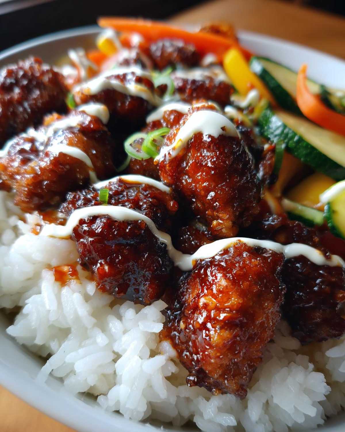 Close-up of a Honey Soy Chicken Bowl featuring glazed chicken pieces over white rice, drizzled with white sauce and topped with scallions.