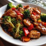 Close-up of glossy Honey Soy Chicken Skillet with Veggies including bright broccoli florets and red peppers.
