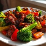 Close-up of saucy Honey Soy Chicken Skillet with bright green broccoli and red bell peppers on a white plate.
