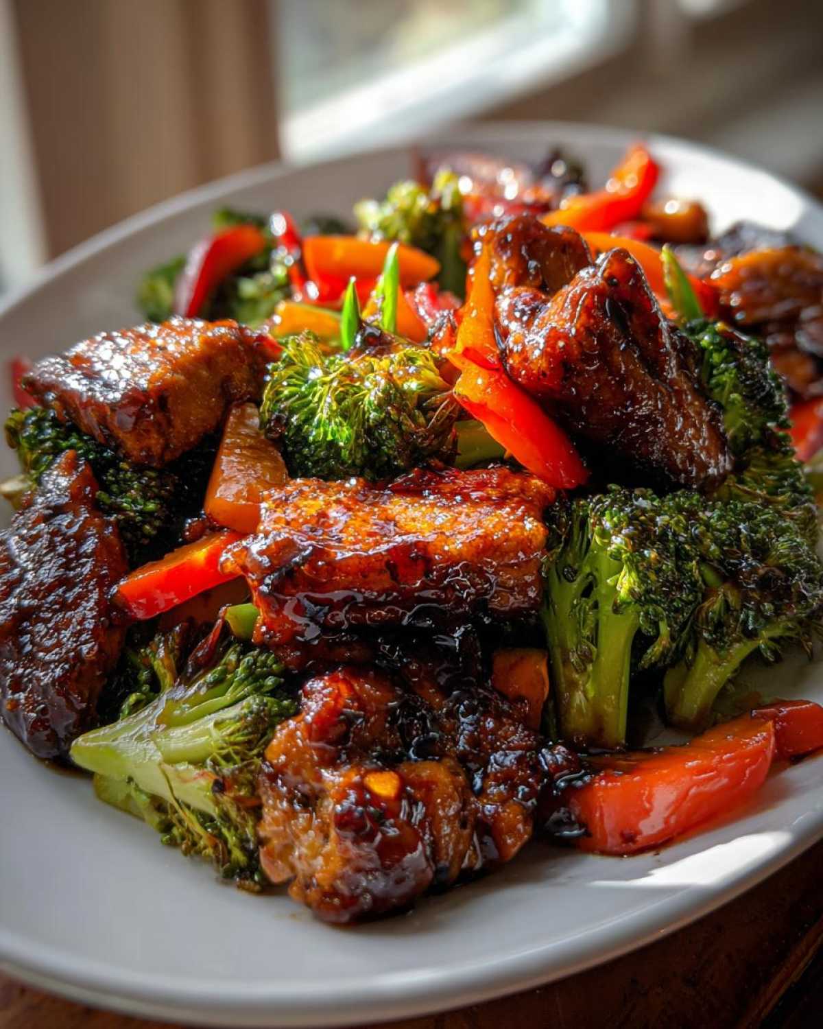 Close-up of glossy Honey Soy Chicken Skillet with vibrant broccoli florets and red bell pepper pieces.
