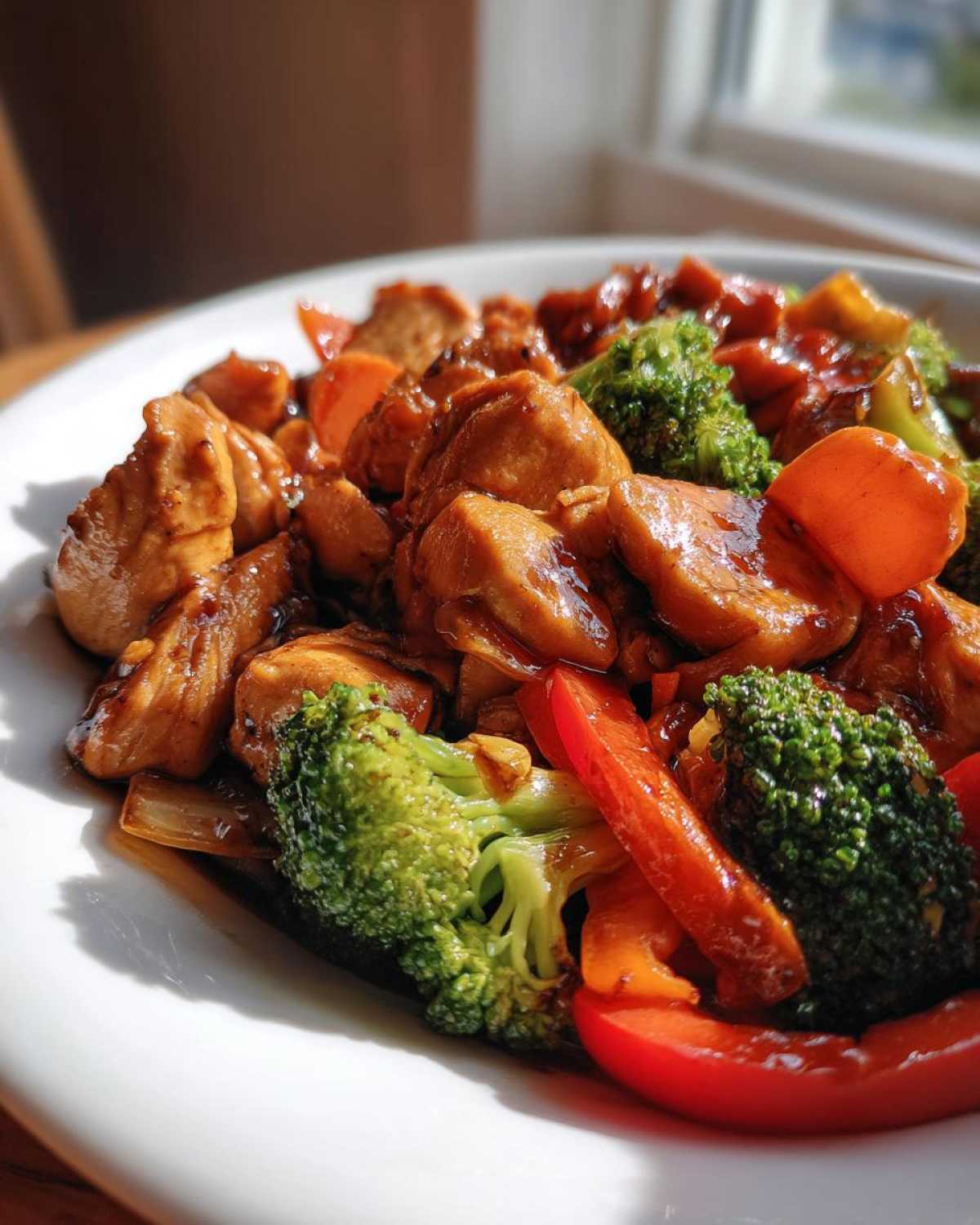 Close-up of glossy, saucy chicken pieces mixed with bright broccoli and red peppers in Honey Soy Chicken Skillet with Veggies.