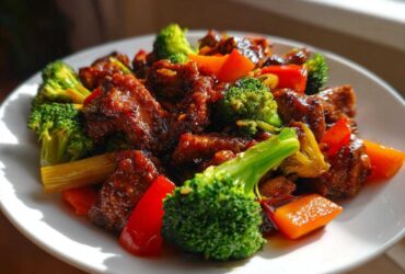 Close-up of saucy Honey Soy Chicken Skillet with bright green broccoli and red bell peppers on a white plate.