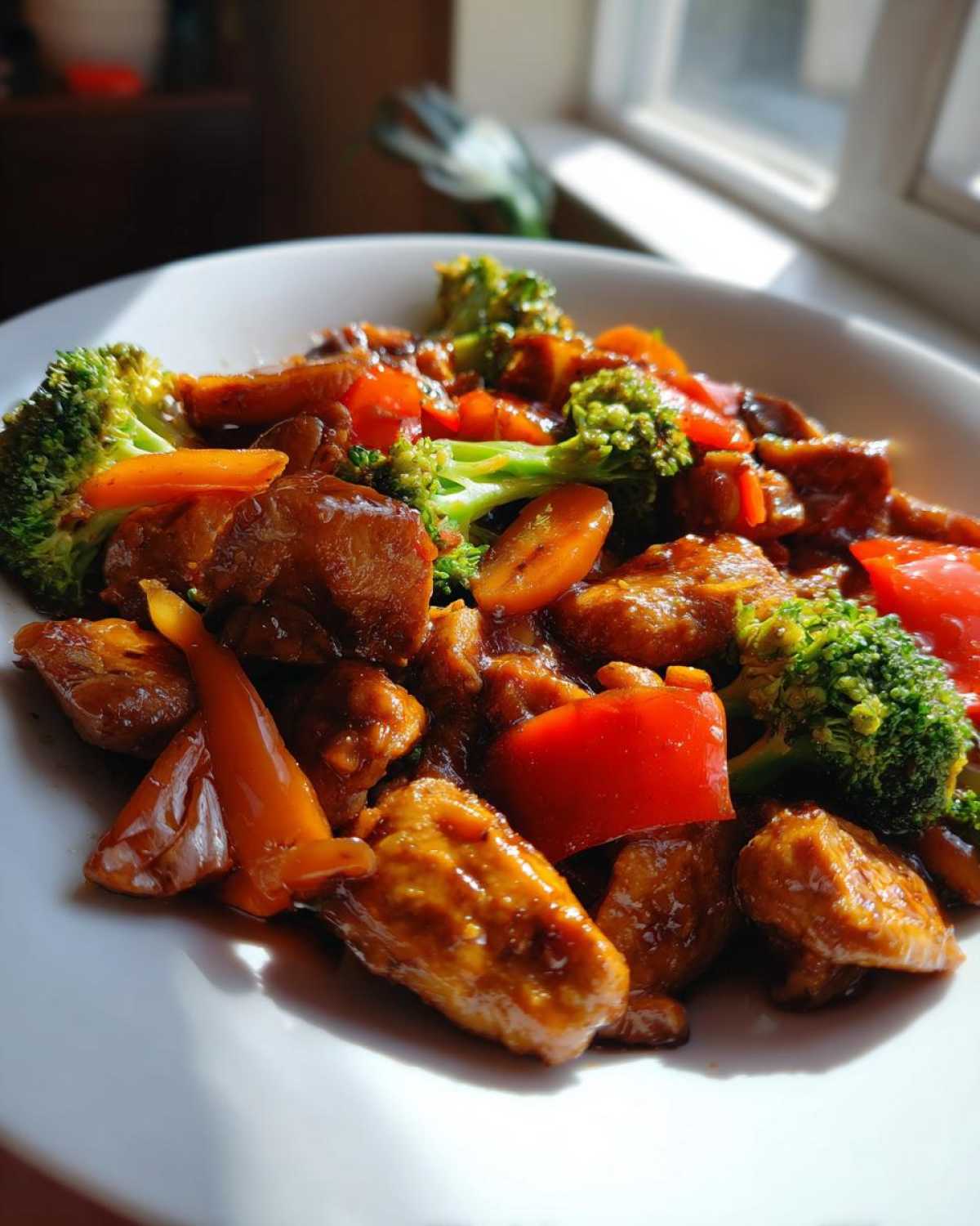 Close-up of glossy, saucy Honey Soy Chicken Skillet with Veggies including broccoli, red peppers, and carrots in a white bowl.