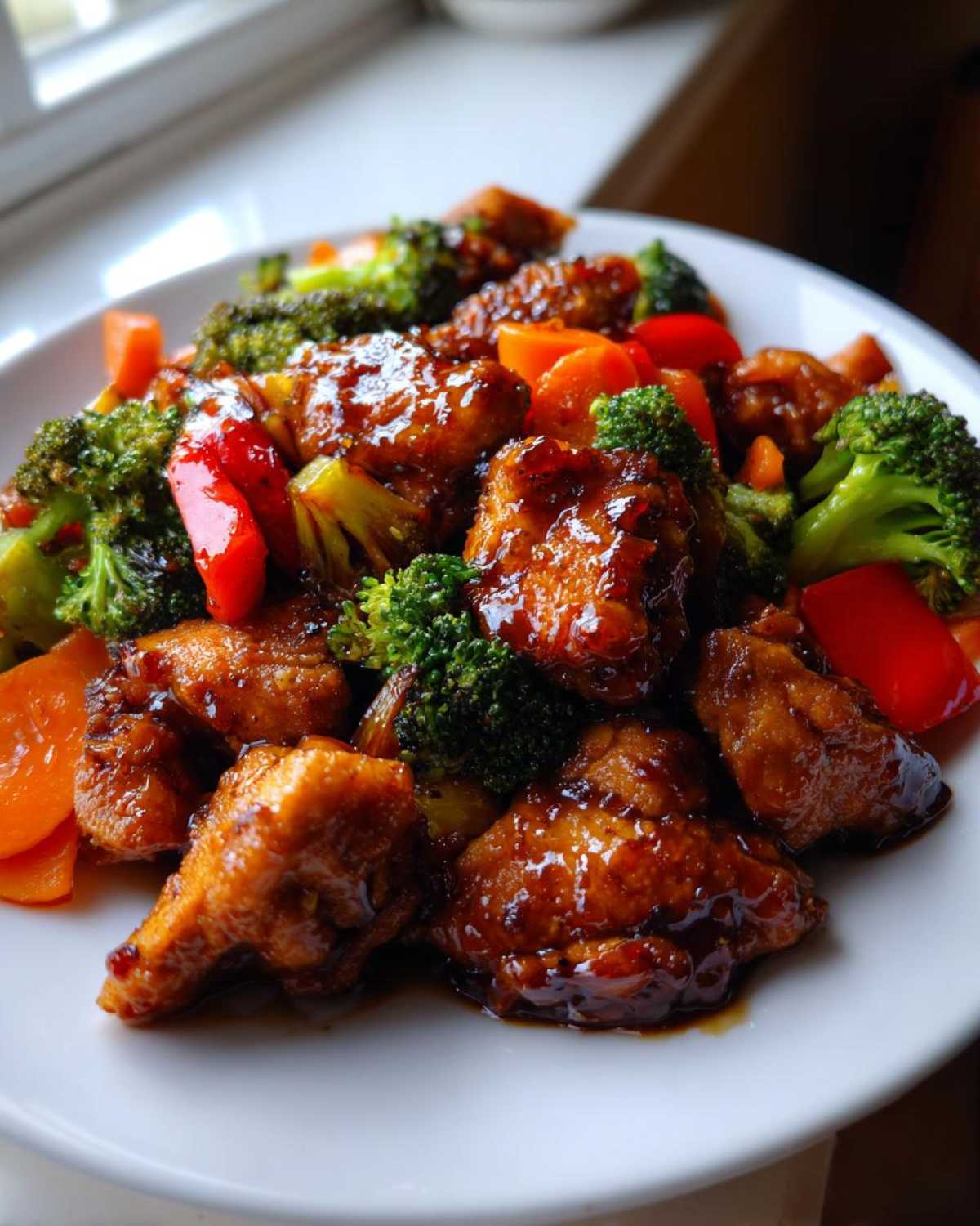 Close-up of glazed Honey Soy Chicken Skillet with Veggies, featuring glossy chicken pieces, bright broccoli, and sliced carrots.