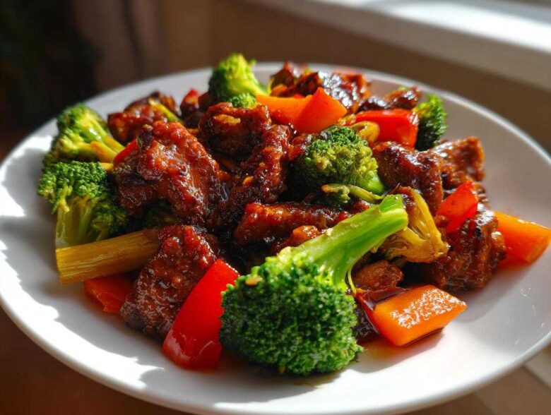 Close-up of saucy Honey Soy Chicken Skillet with bright green broccoli and red bell peppers on a white plate.