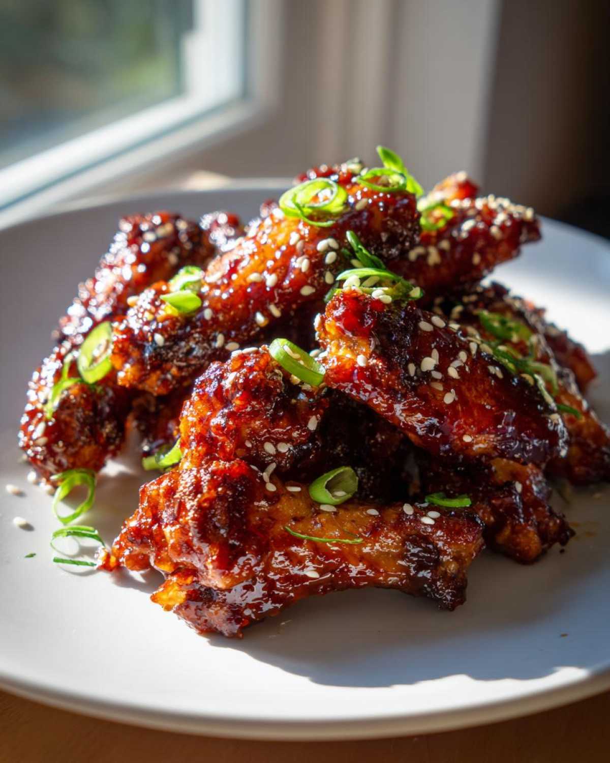 A pile of glossy, crispy Honey Soy Chicken Wings Oven Baked, garnished with sesame seeds and green onions.