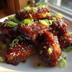 A stack of glossy Honey Soy Chicken Wings Crispy Oven Baked, garnished with sesame seeds and sliced green onions.