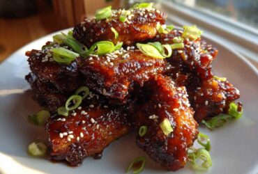 A stack of glossy Honey Soy Chicken Wings Crispy Oven Baked, garnished with sesame seeds and sliced green onions.