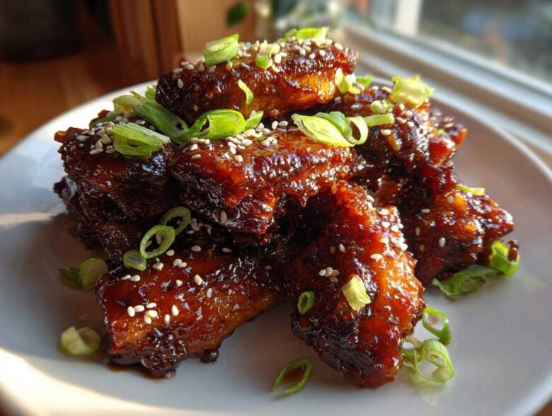 A stack of glossy Honey Soy Chicken Wings Crispy Oven Baked, garnished with sesame seeds and sliced green onions.