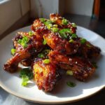 A plate piled high with glossy, sticky Honey Soy Chicken Wings Crispy Oven Baked, garnished with sesame seeds and chopped green onions.