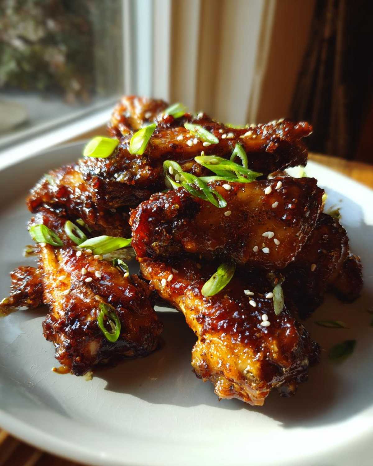 A close-up of crispy Honey Soy Chicken Wings Oven Baked, glazed and garnished with sesame seeds and green onions.