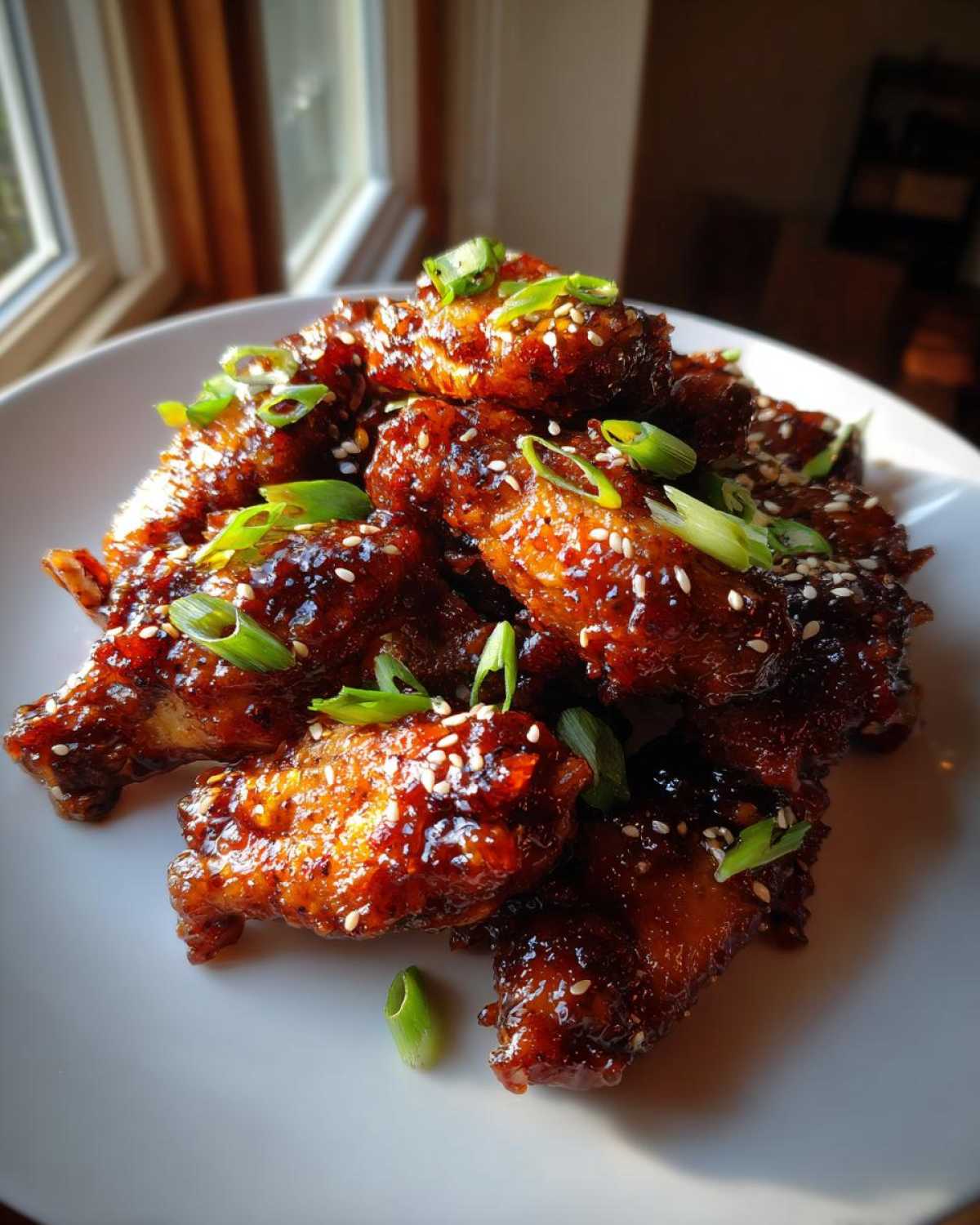 A pile of sticky, glazed Honey Soy Chicken Wings Crispy Oven Baked, garnished with sesame seeds and sliced green onions.