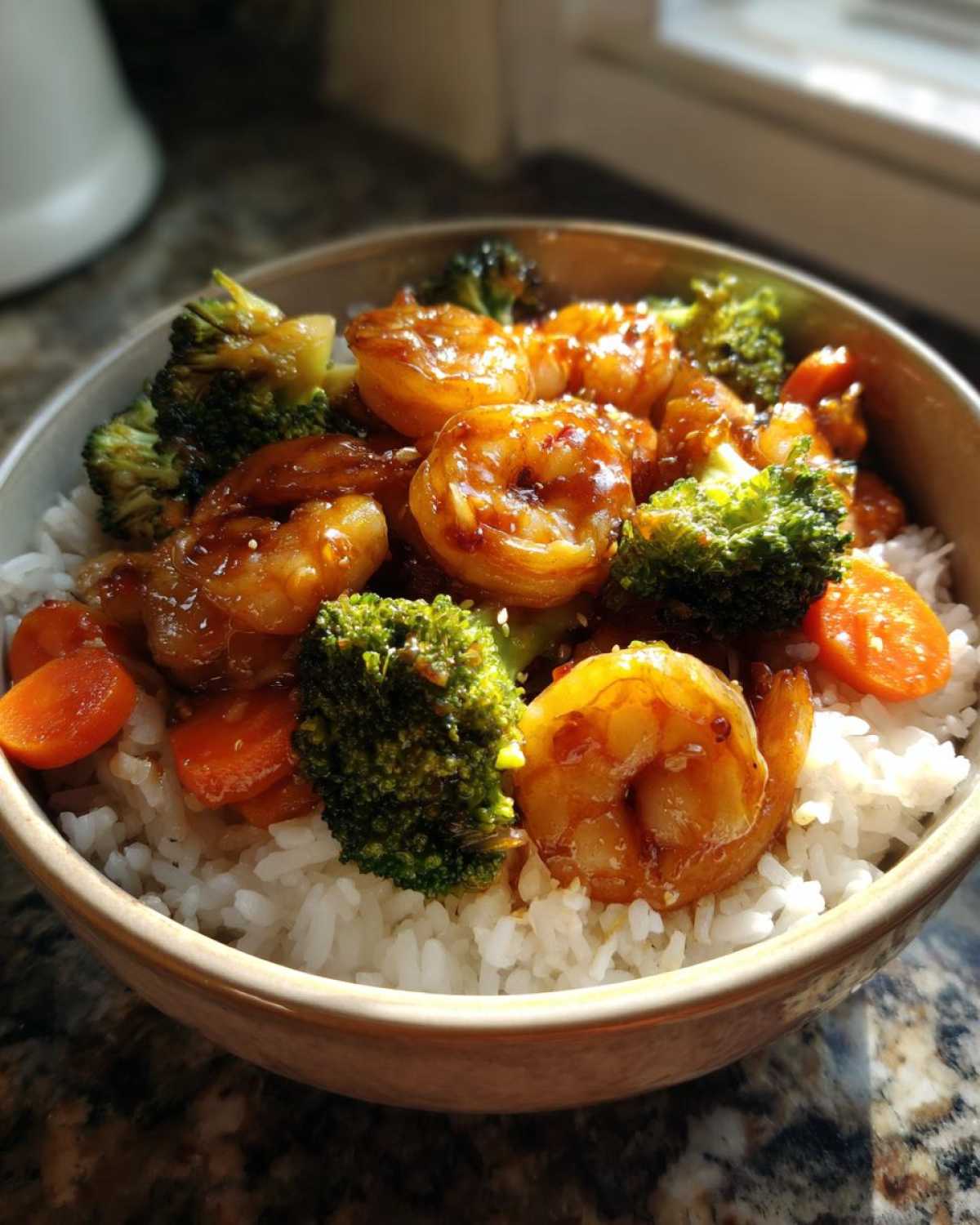 Close-up of a Honey Soy Shrimp Bowl with Rice, topped with glazed shrimp, broccoli florets, and sliced carrots.