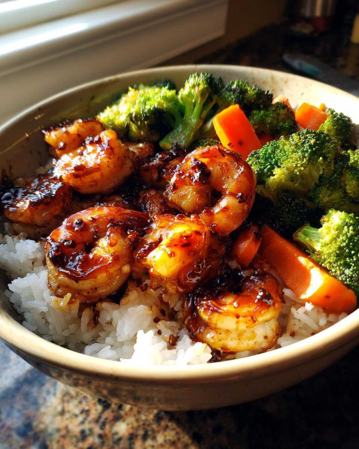 Close-up of a Honey Soy Shrimp Bowl with rice, glossy glazed shrimp, broccoli, and carrots.
