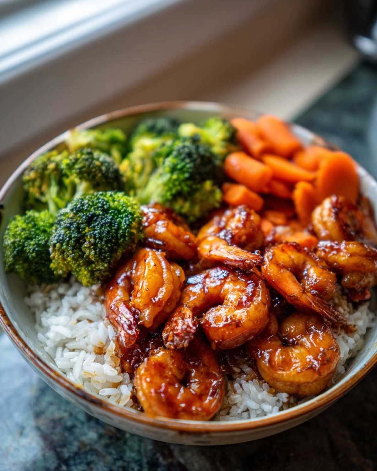 Close-up of a Honey Soy Shrimp Bowl with rice, glazed shrimp, steamed broccoli, and carrots.