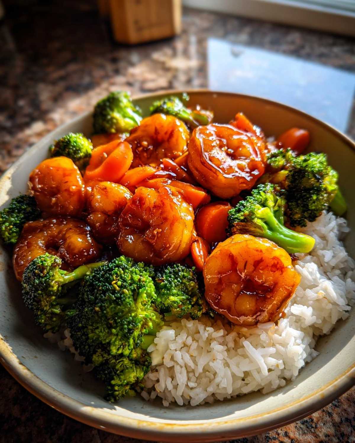 Close-up of a Honey Soy Shrimp Bowl with rice, featuring glazed shrimp, bright green broccoli florets, and sliced carrots.