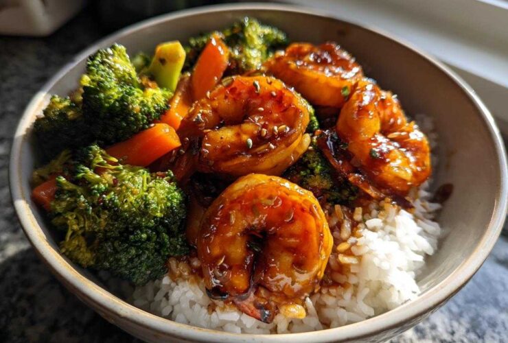 Close-up of a Honey Soy Shrimp Bowl with rice, glazed shrimp, and steamed broccoli and carrots.