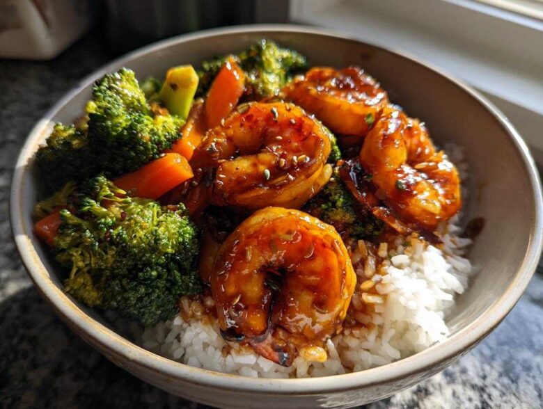 Close-up of a Honey Soy Shrimp Bowl with rice, glazed shrimp, and steamed broccoli and carrots.