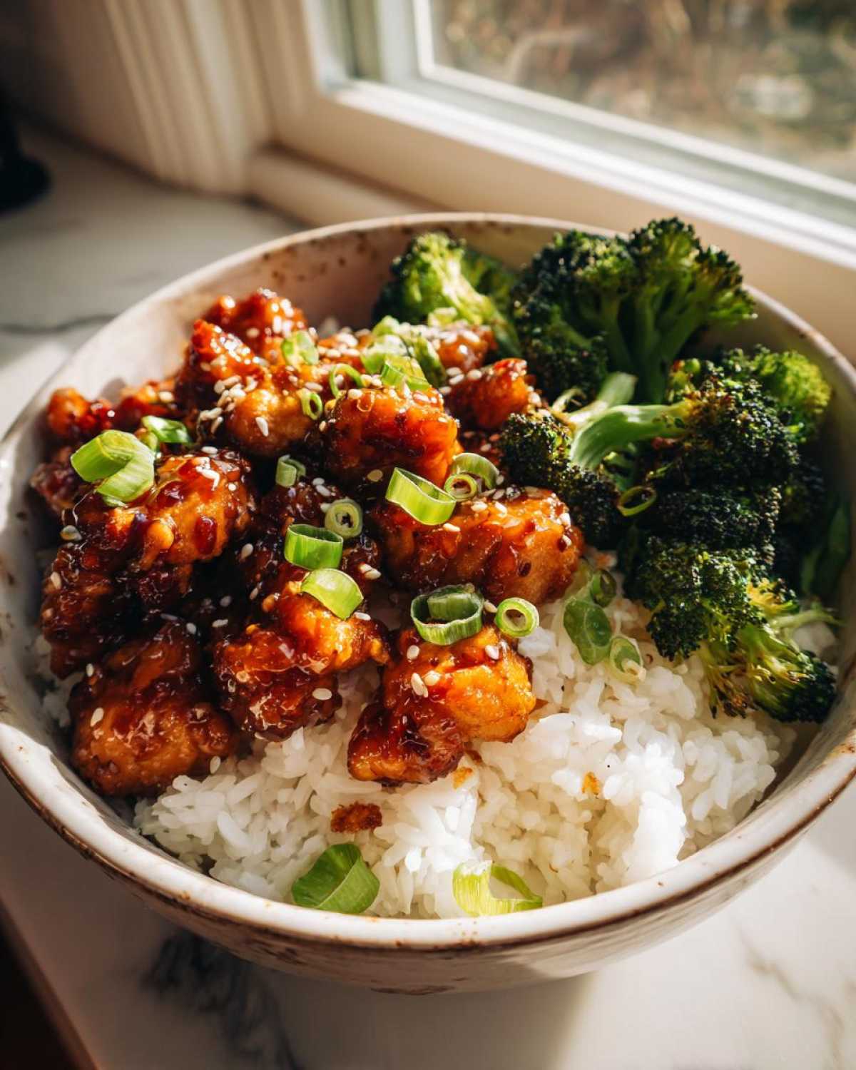 Close-up of a Honey Sriracha Chicken Bowl featuring glazed chicken pieces over white rice with steamed broccoli, garnished with sesame seeds and scallions.