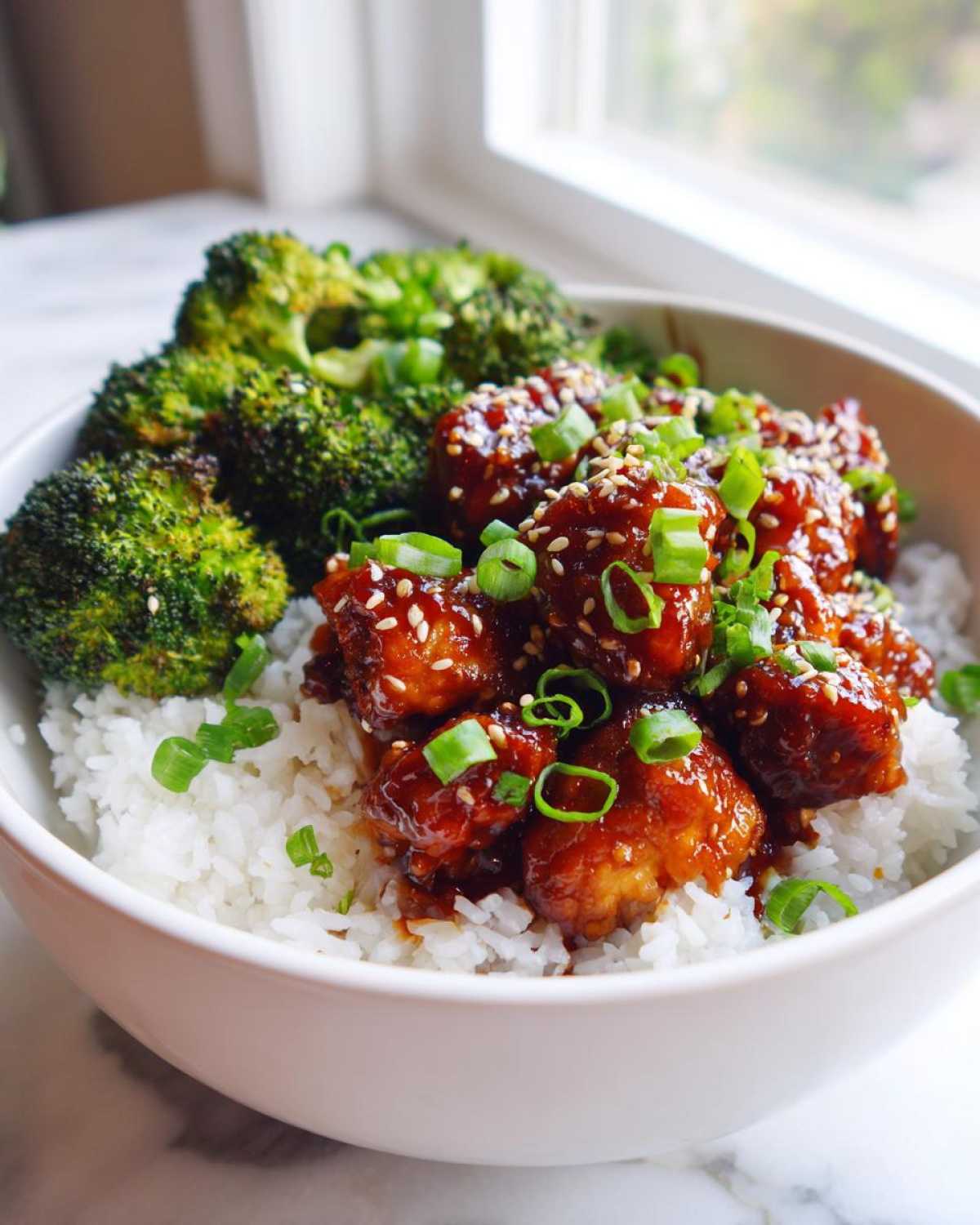 Close-up of a Honey Sriracha Chicken Bowl featuring glazed chicken pieces over white rice with roasted broccoli and green onions.
