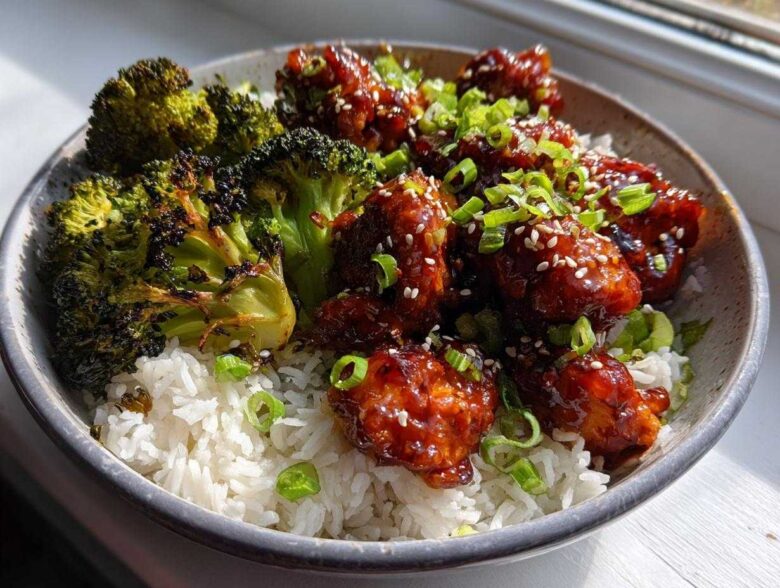 Close-up of a Honey Sriracha Chicken Bowl featuring glazed chicken pieces over white rice and charred broccoli florets.