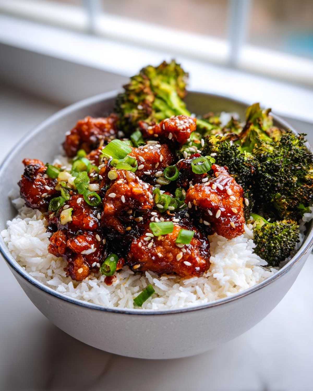 Close-up of a Honey Sriracha Chicken Bowl featuring glazed chicken pieces over white rice and roasted broccoli.