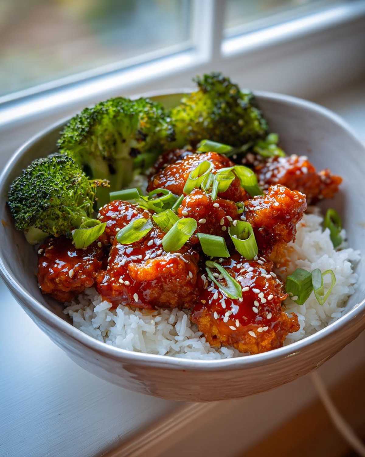 Close-up of a Honey Sriracha Chicken Bowl featuring glazed chicken pieces over white rice, topped with sesame seeds and green onions, served with steamed broccoli.