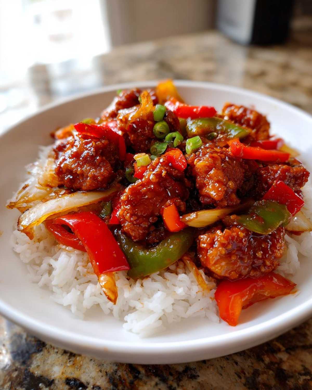 A close-up of Honey Sriracha Chicken Skillet pieces coated in a glossy sauce, served over white rice with bell peppers and onions.