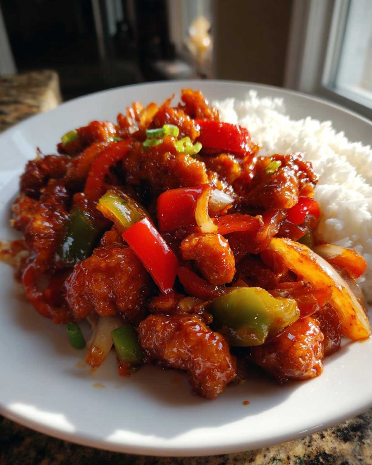 Close-up of Honey Sriracha Chicken Skillet pieces coated in sauce with bell peppers and served next to white rice.