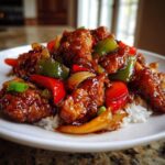 Close-up of Honey Sriracha Chicken Skillet pieces coated in glossy sauce with bell peppers and onions, served over white rice.