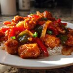 A plate of Honey Sriracha Chicken Skillet pieces coated in a glossy sauce, served over white rice with bell peppers and onions.