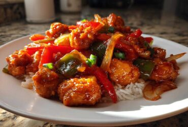 A plate of Honey Sriracha Chicken Skillet pieces coated in a glossy sauce, served over white rice with bell peppers and onions.