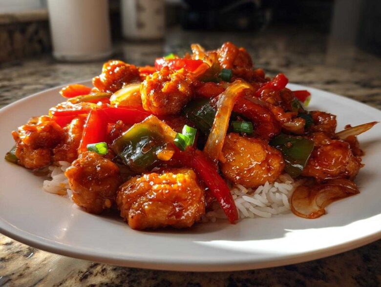 A plate of Honey Sriracha Chicken Skillet pieces coated in a glossy sauce, served over white rice with bell peppers and onions.
