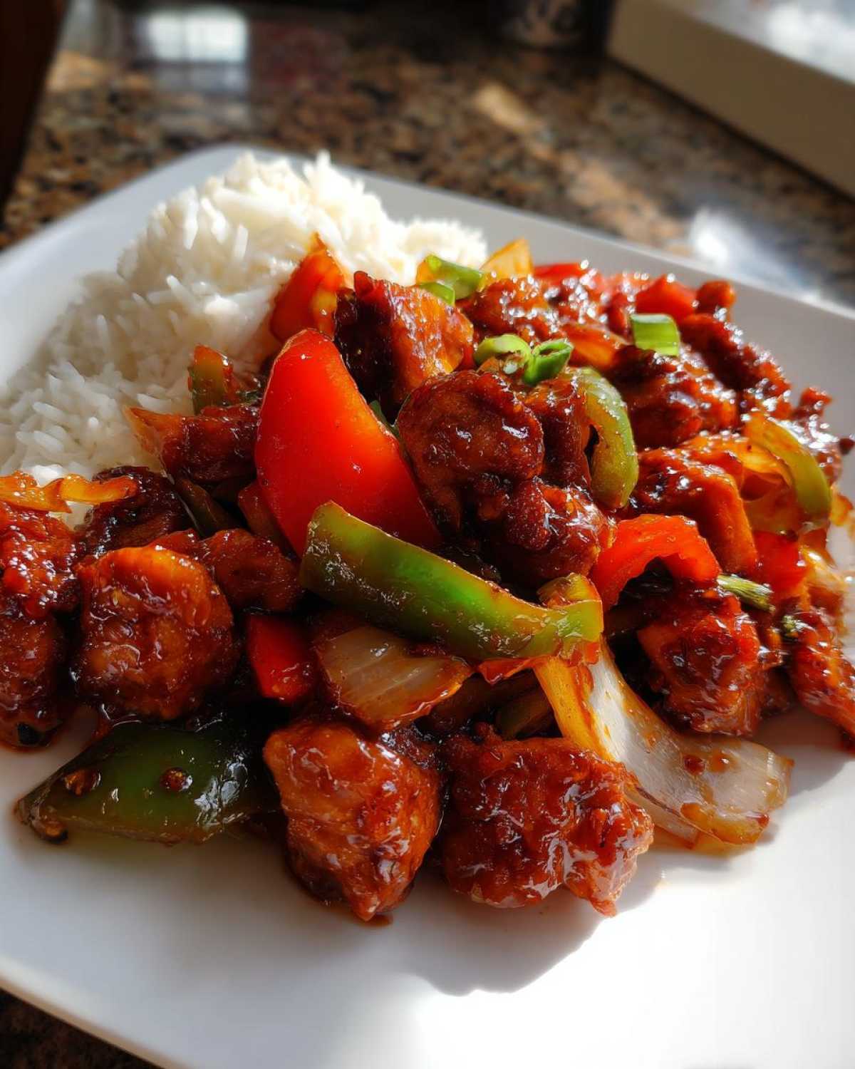 A plate of Honey Sriracha Chicken Skillet served with white rice, featuring glazed chicken pieces, red and green peppers, and onions.