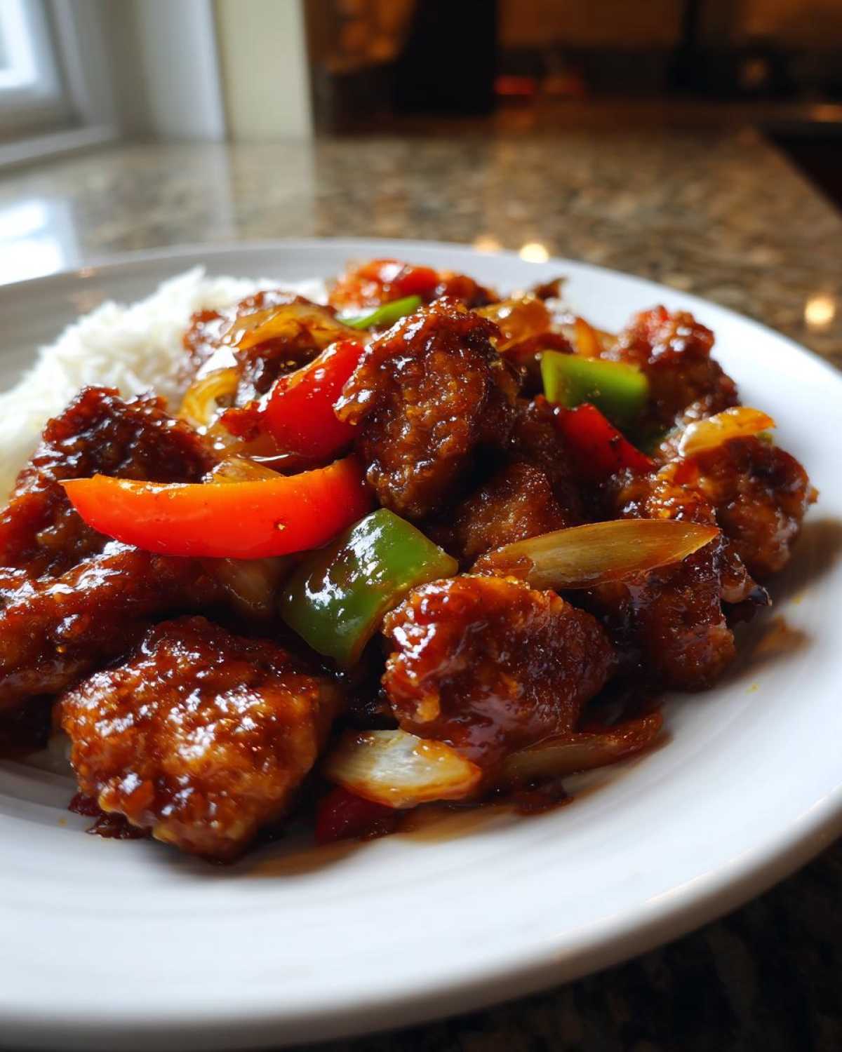 Close-up of glossy Honey Sriracha Chicken Skillet pieces served over white rice with bell peppers and onions.