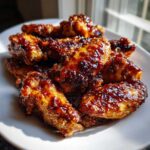 A close-up of several crispy oven baked Honey Sriracha Chicken Wings piled on a white plate, glistening with sauce.